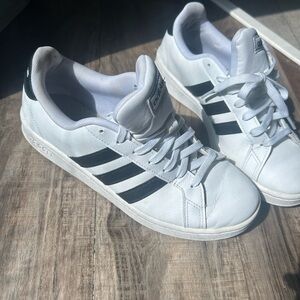 Women’s Adidas Grand Court Cloudfoam White and Black Striped Sneakers